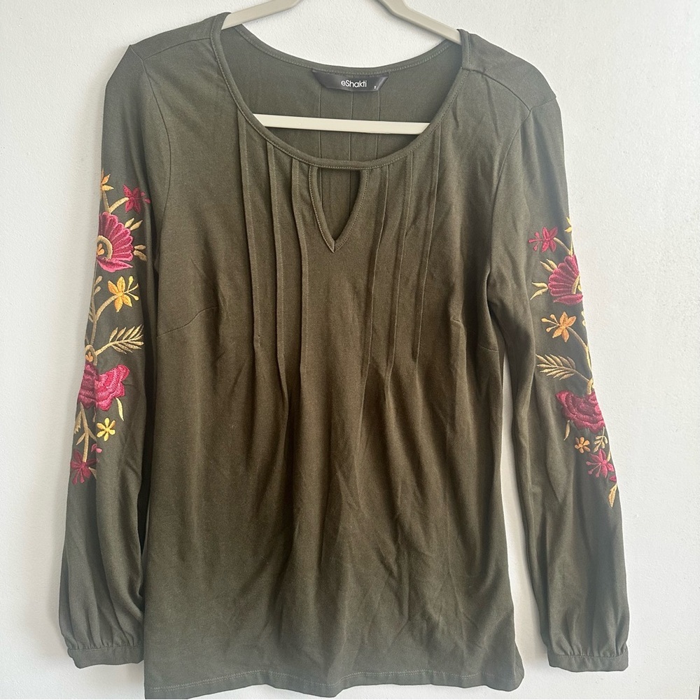 eShakti Olive Green Floral Embroidered Long Sleeve Cotton Blend Boho Blouse